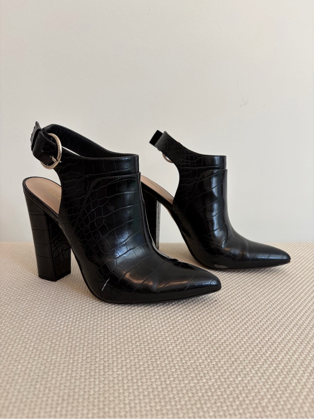 Aldo Black Croc-Embossed Pointed Toe Block Heel Slingback